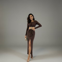 Brown mockneck maxi dress with long sleeves and front cut-out detail, smooth stretch-blend fabric, structured silhouette