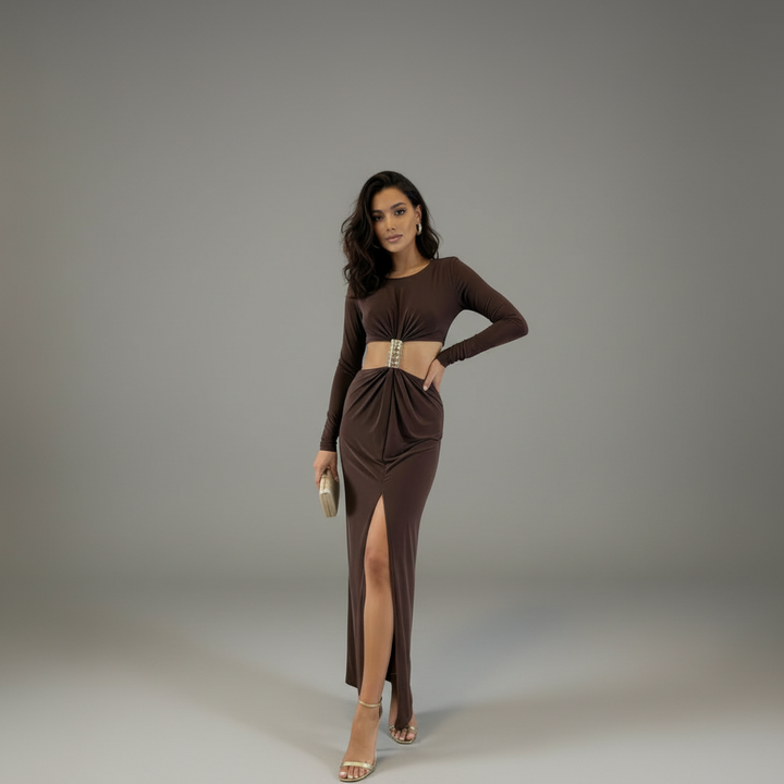 Brown mockneck maxi dress with long sleeves and front cut-out detail, smooth stretch-blend fabric, structured silhouette
