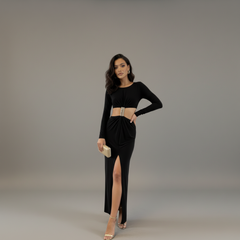Long Sleeve Mockneck Styling Maxi Dress. - Close Up Detail | Mavena Co