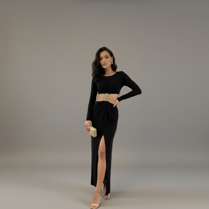 Long Sleeve Mockneck Styling Maxi Dress. - Close Up Detail | Mavena Co