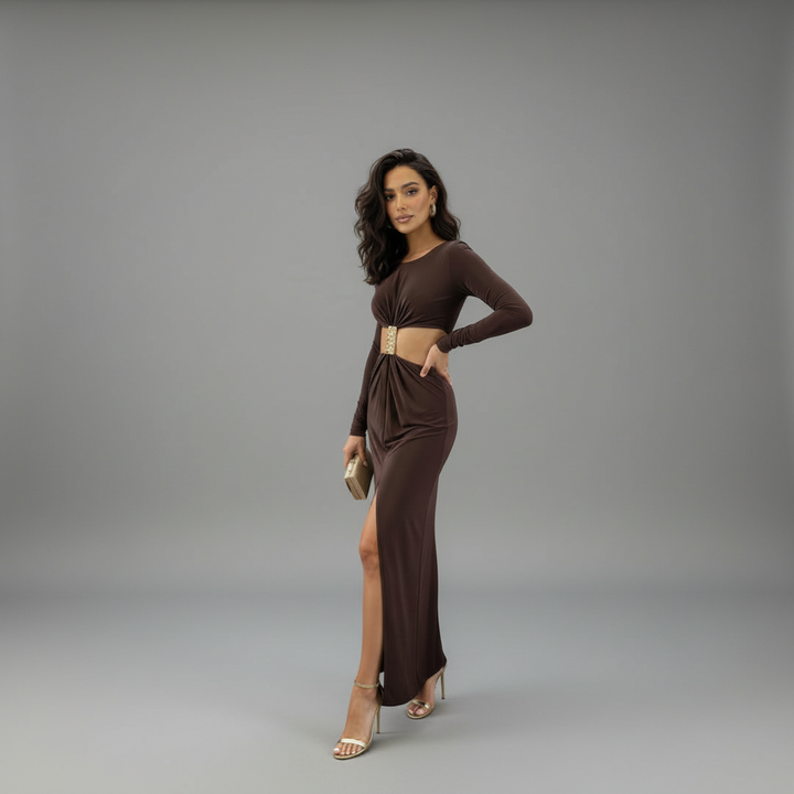 Long Sleeve Mockneck Styling Maxi Dress. - Alternate View | Mavena Co
