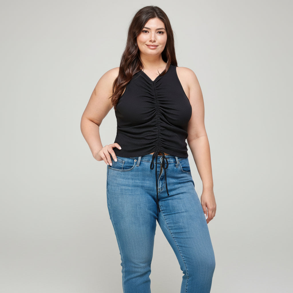 Ribbed ruched tank in black with adjustable tie detail and V-neckline, soft stretchy knit fabric
