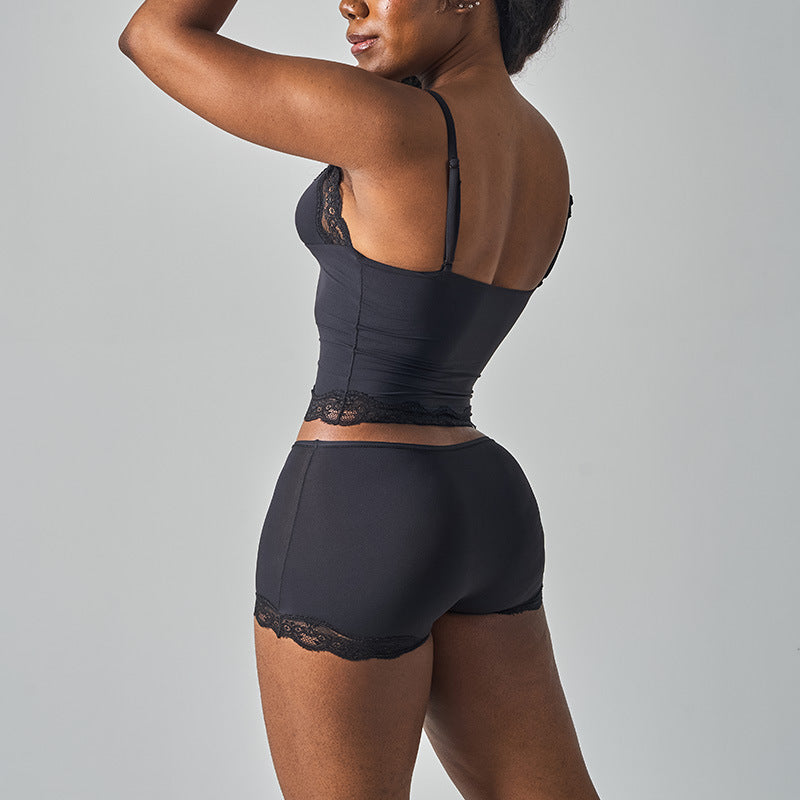 Deep V-Neck Camisole & Short Set - Navy - Back