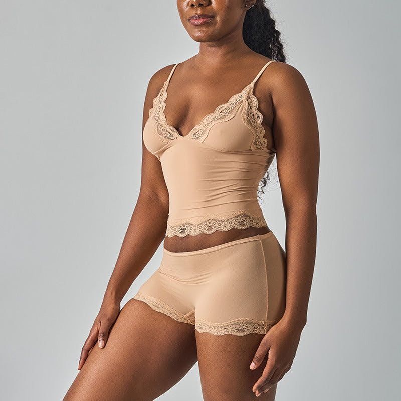 Deep V-Neck Camisole & Short Set in Beige