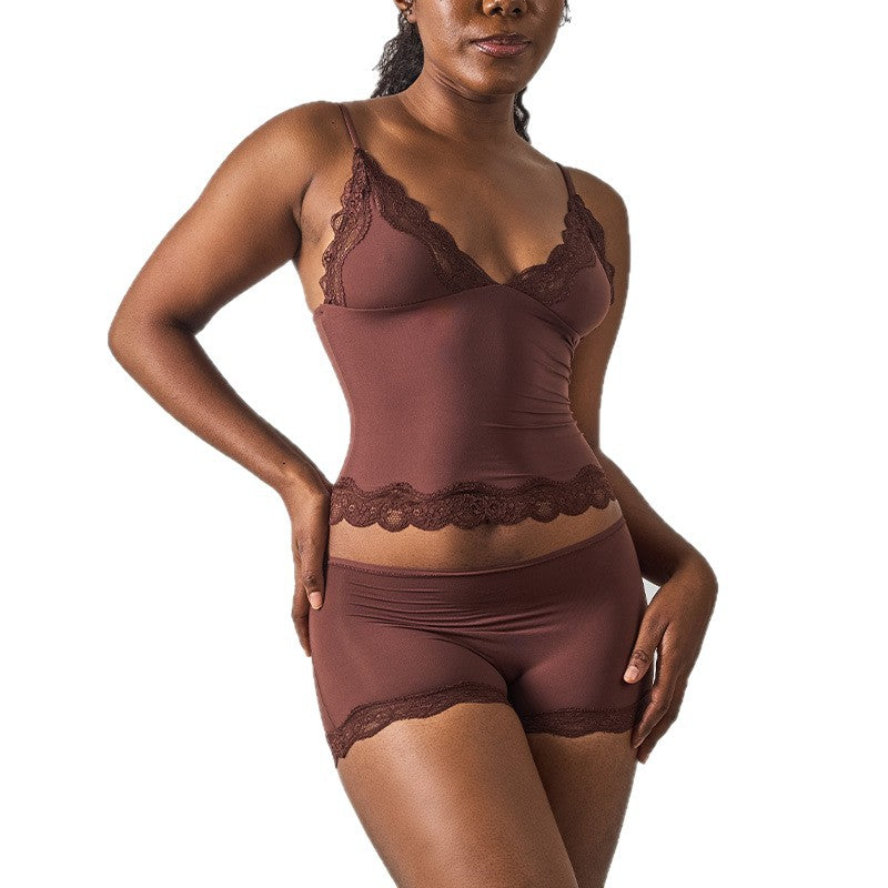 Deep V-Neck Camisole & Short Set in Brown 