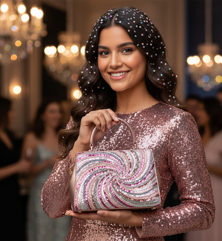 Elegant Woman with Swirl Purse