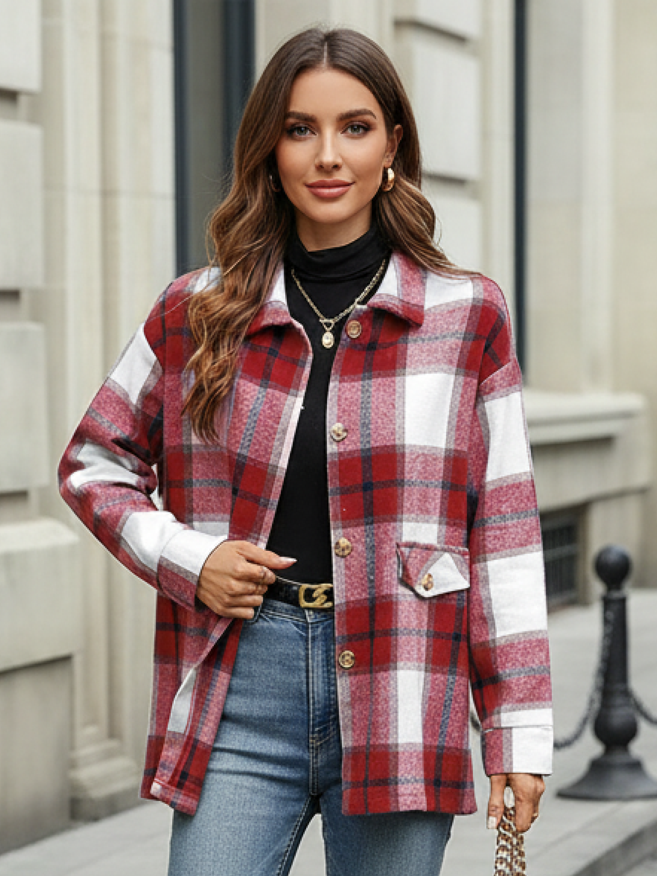 Women’s Oversized Plaid Shacket Jacket