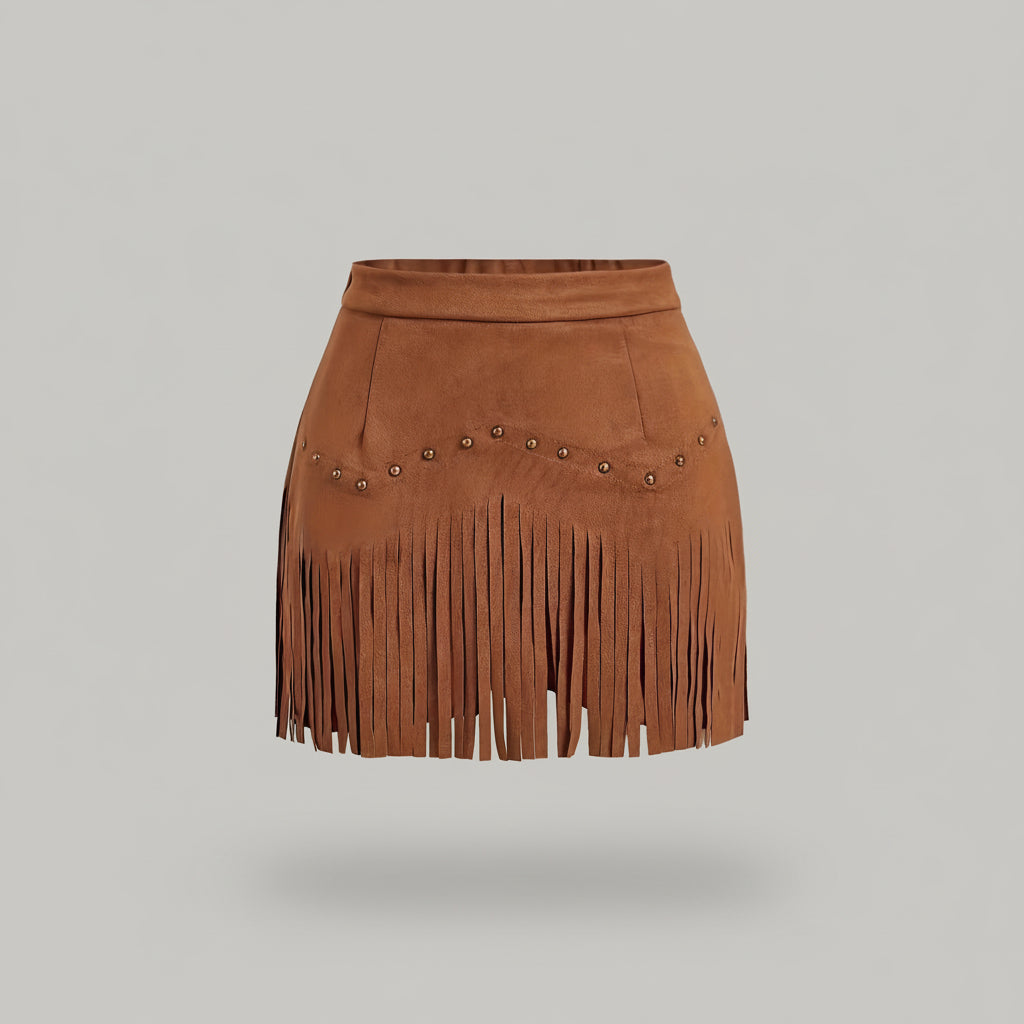 Fringe Detail Mini Skirt- for women in -Brown Copperwood -1
