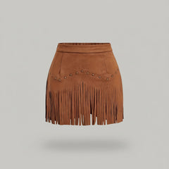 Fringe Detail Mini Skirt- for women in -Brown Copperwood -1
