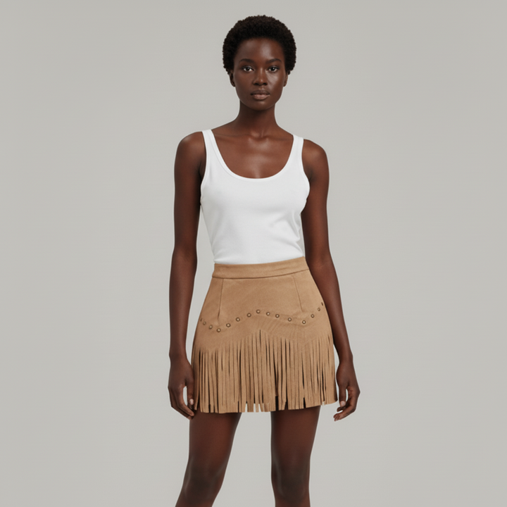 Fringe Detail Mini Skirt- for women in -Tan Sahara