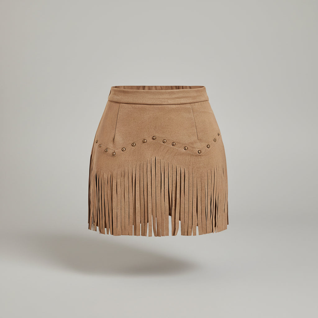 Fringe Detail Mini Skirt- for women in -Tan Sahara - 1