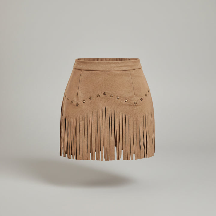 Fringe Detail Mini Skirt- for women in -Tan Sahara - 1