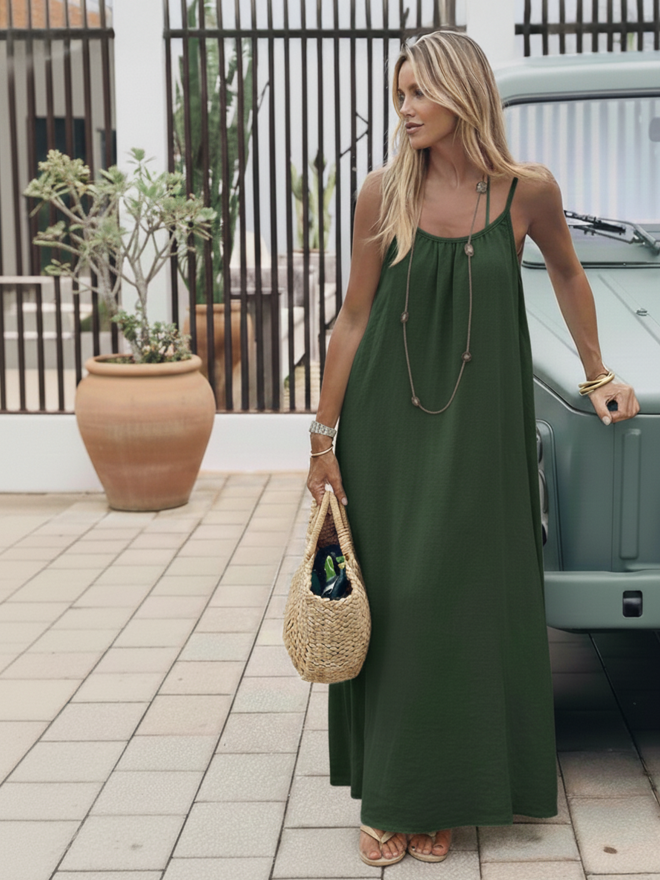 Green Loose Fit Spaghetti Strap Dress 