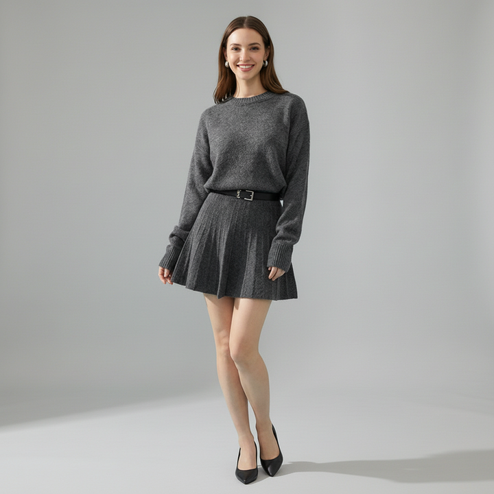 Grey Variant of Round Neck Knit Pullover & Mini Skirt Set