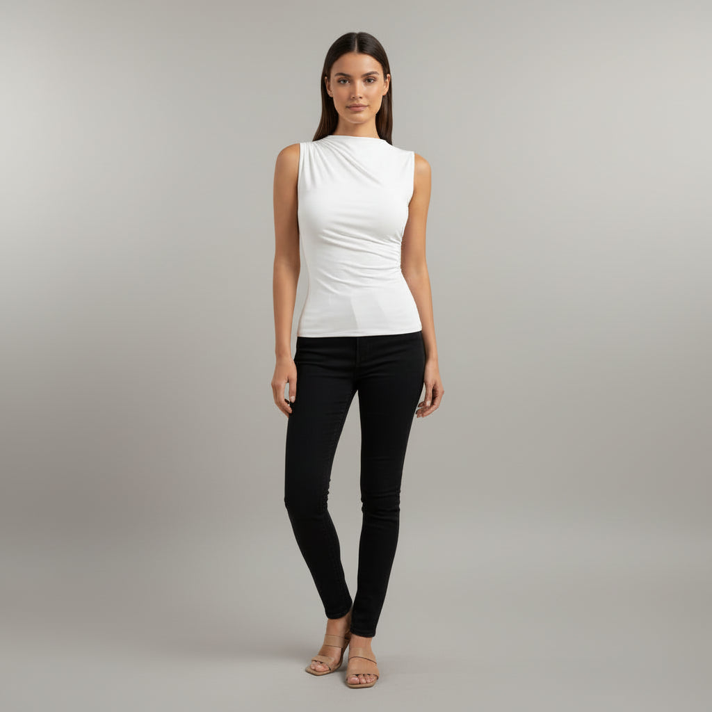 High Neck Crinkled Knit Top for women in - White  - Front