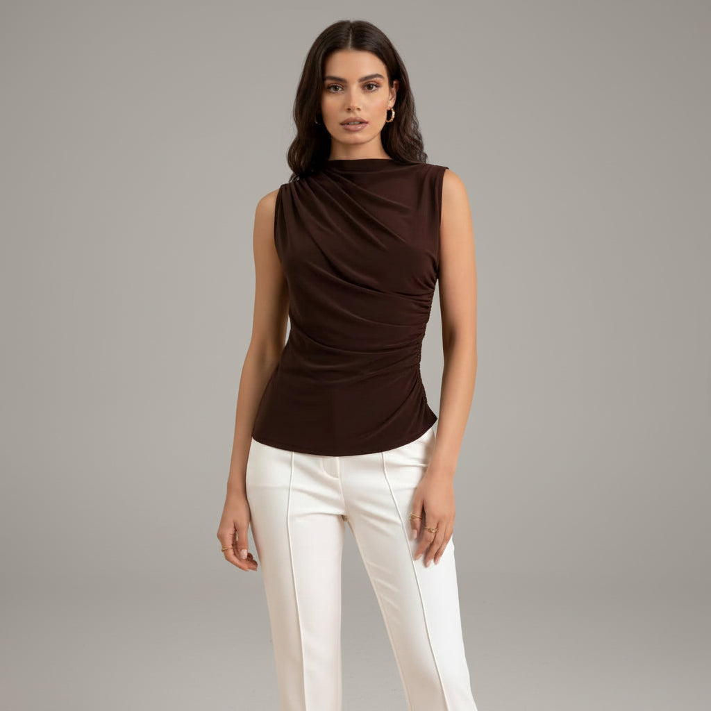 High Neck Crinkled Knit Top for women in Brown Cacao