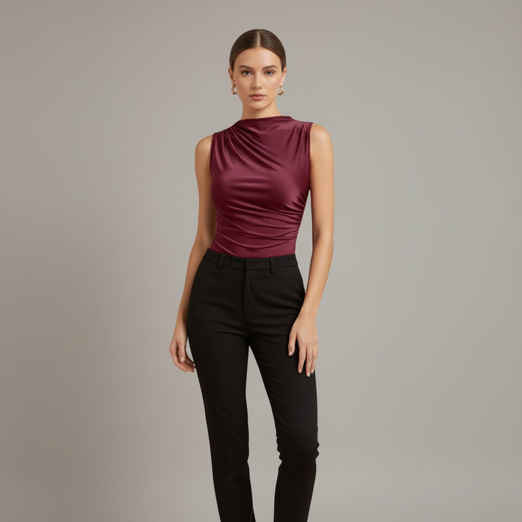 High Neck Crinkled Knit Top for women in Red Noir