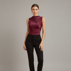 High Neck Crinkled Knit Top for women in Red Noir