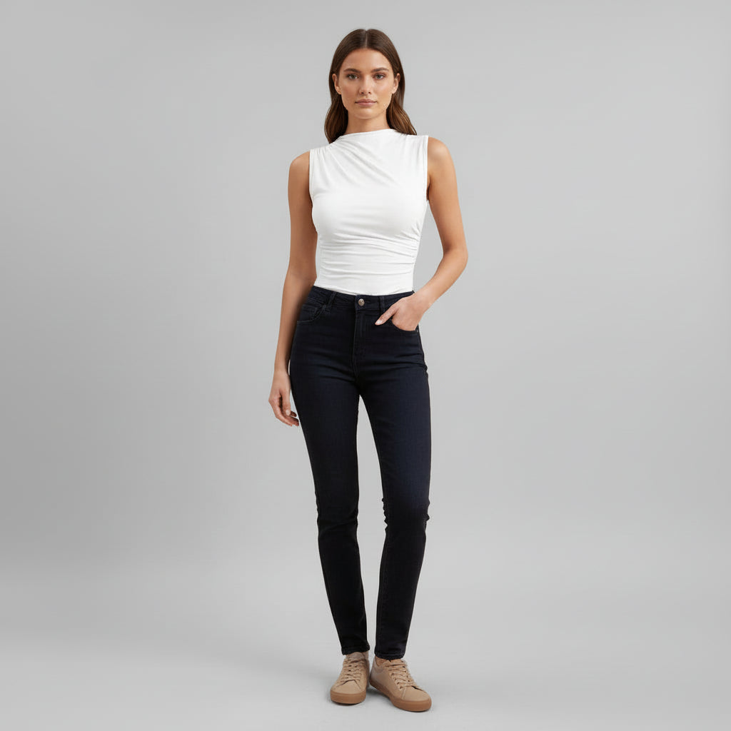 High Neck Crinkled Knit Top for women in White
