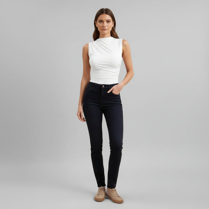 High Neck Crinkled Knit Top for women in White