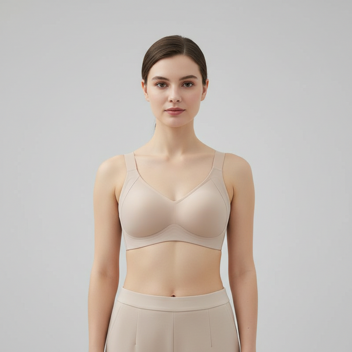 Flexform Push UP Bra in neutral tone with flexible moulded cups and smooth push-up padding shown on model