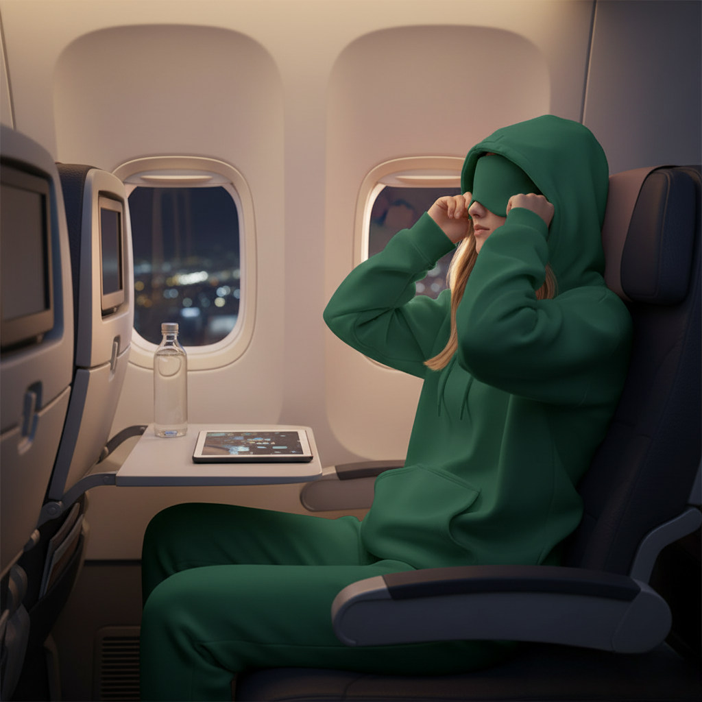 Inside an airplane cabin at night