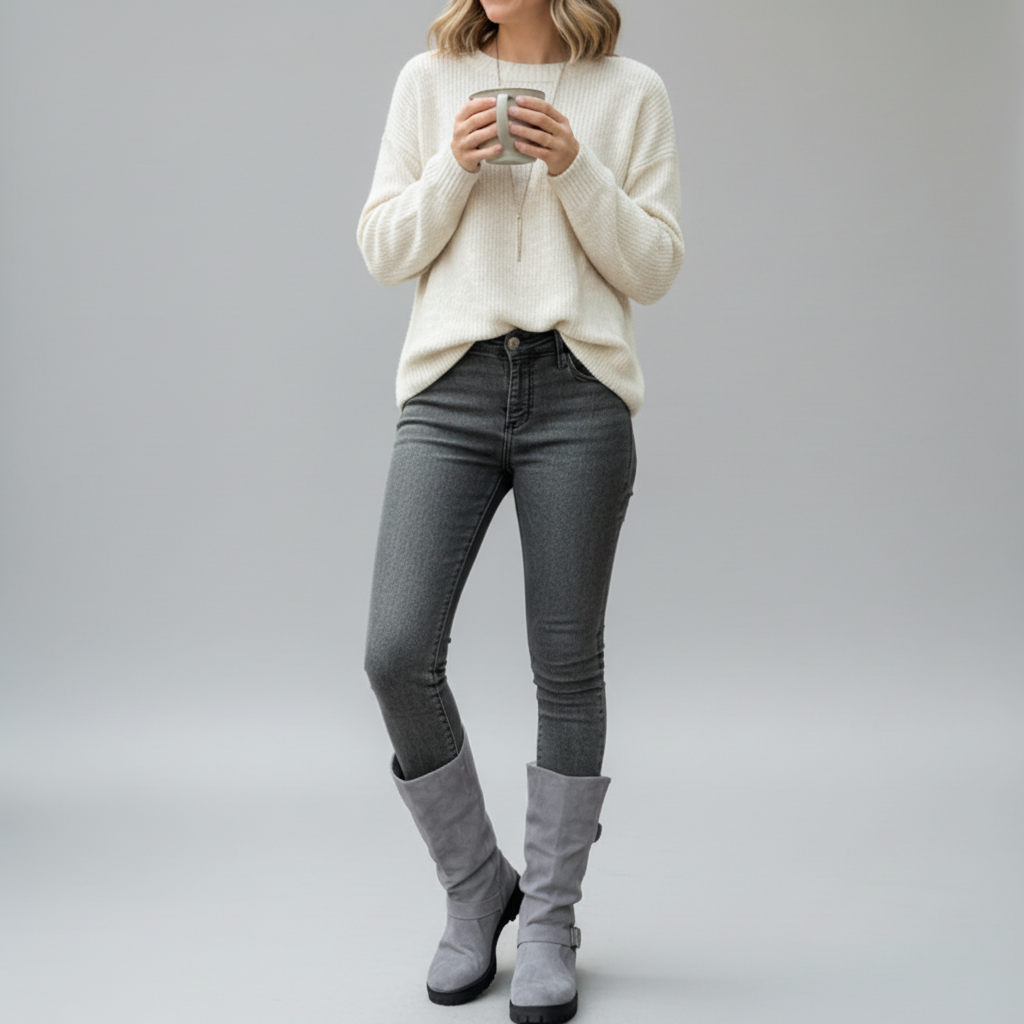  Knit Cuff Buckle Boot in Gray