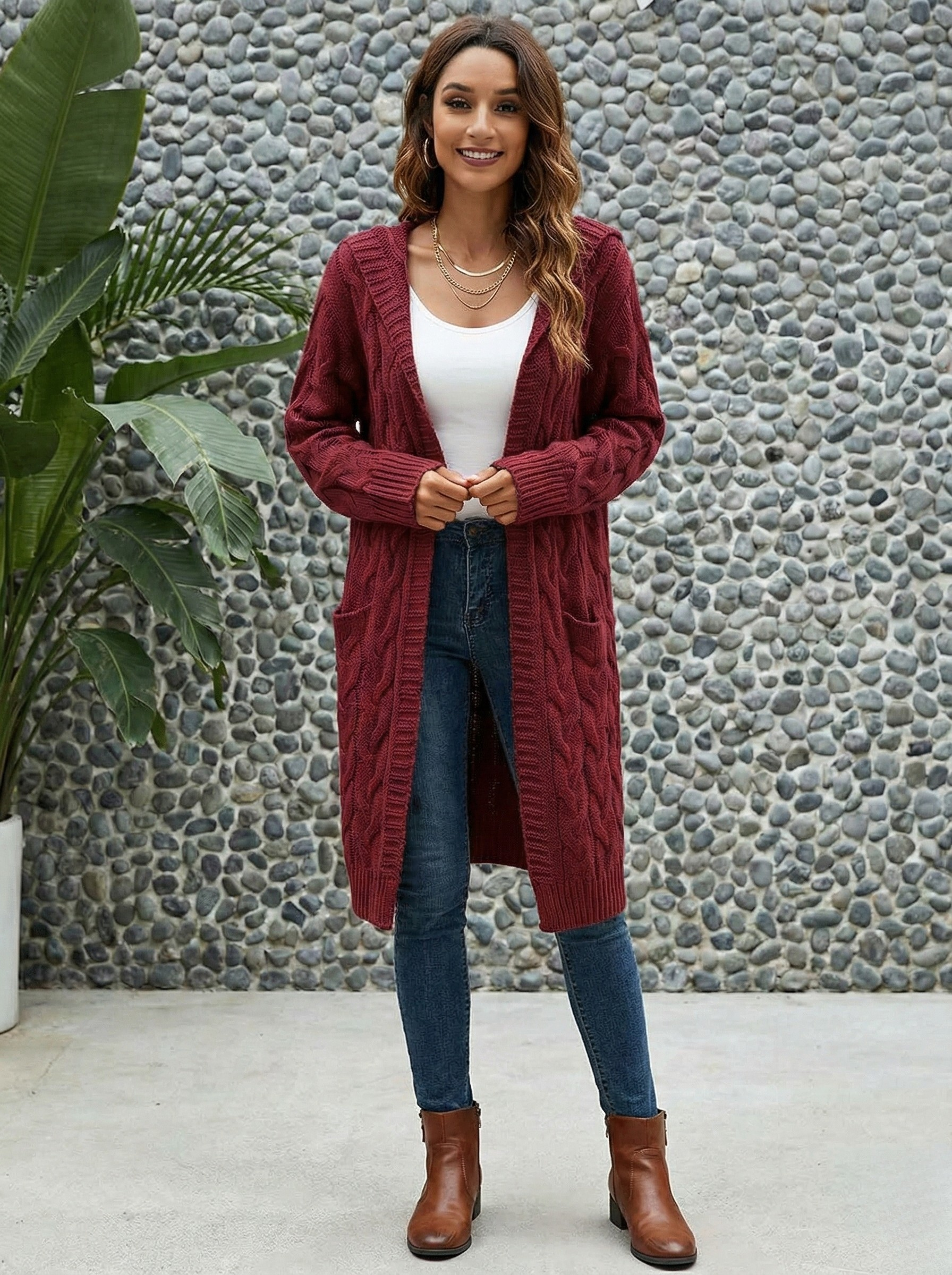 Knitted Long Cardigan Sweater -burgundy Edition