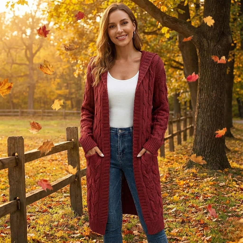 Knitted Long Cardigan Sweater in Dark Red