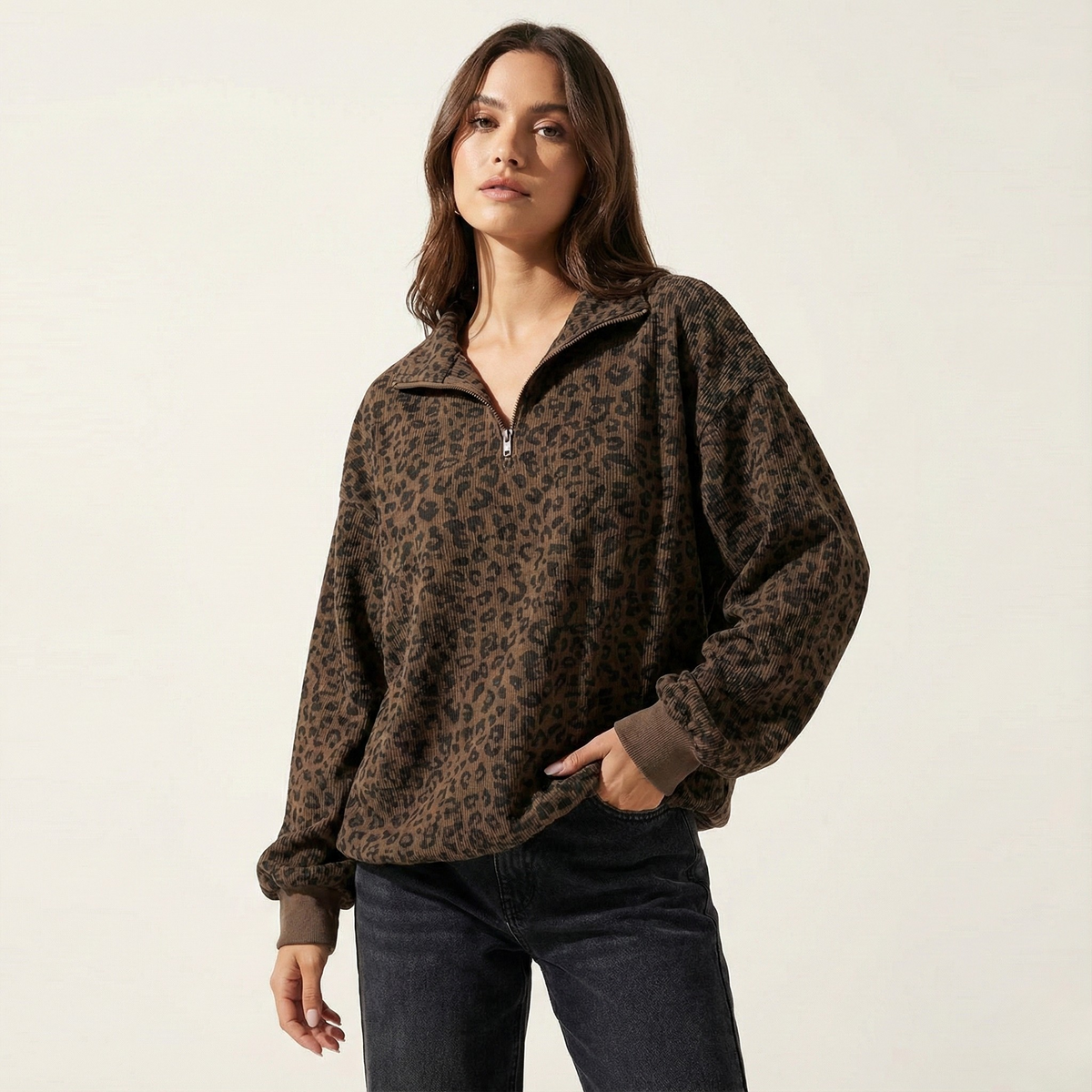Leopard print corduroy zip-up jacket in brown and black, structured fit, full front zipper detail