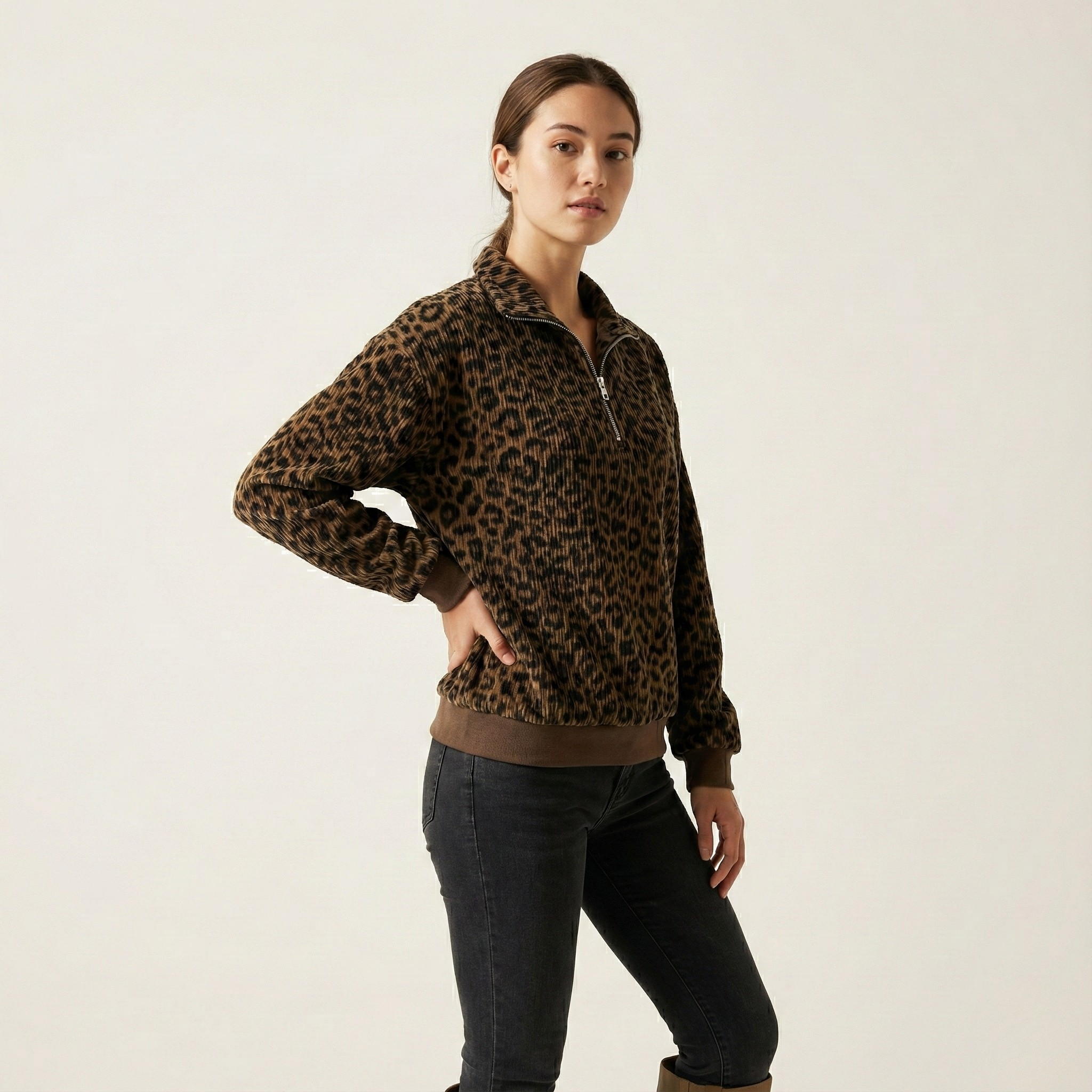 Leopard Print Corduroy Zip-Up black and brown leopard print  Edition