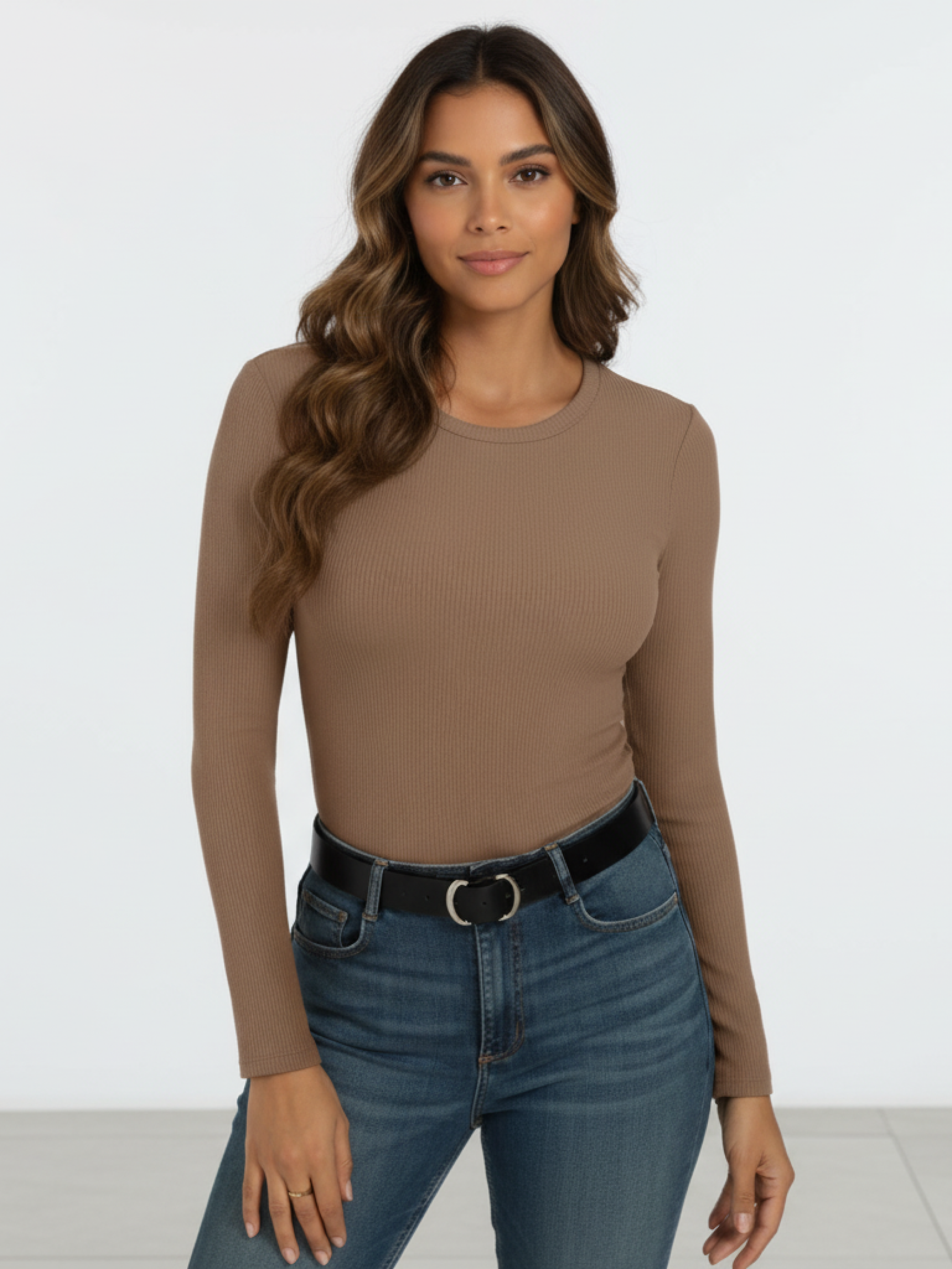 Long Sleeve Crew Neck Ribbed Top in  Brown