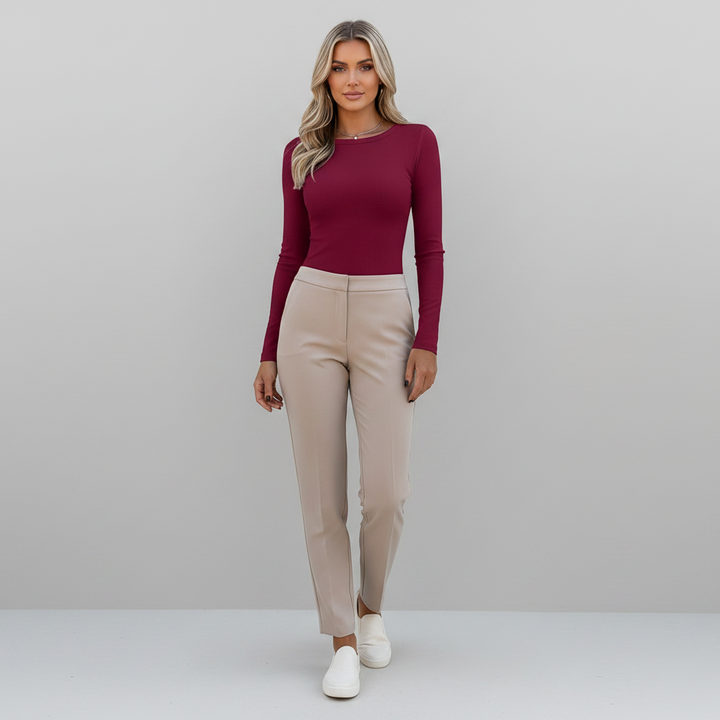 Long Sleeve Crew Neck Ribbed Top in  Maroon