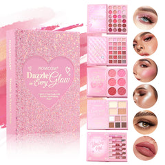 Complete Makeup Palette Book with blendable eyeshadows, lip gloss, and highlighter in organized compact case
