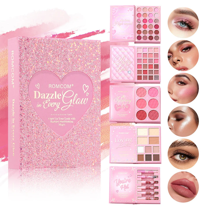 Complete Makeup Palette Book with blendable eyeshadows, lip gloss, and highlighter in organized compact case