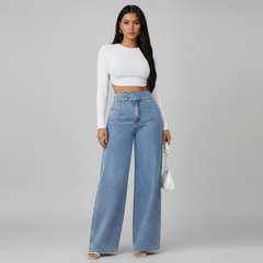 Woman in high-rise wide leg jeans with structured waistband and full-width silhouette in premium denim