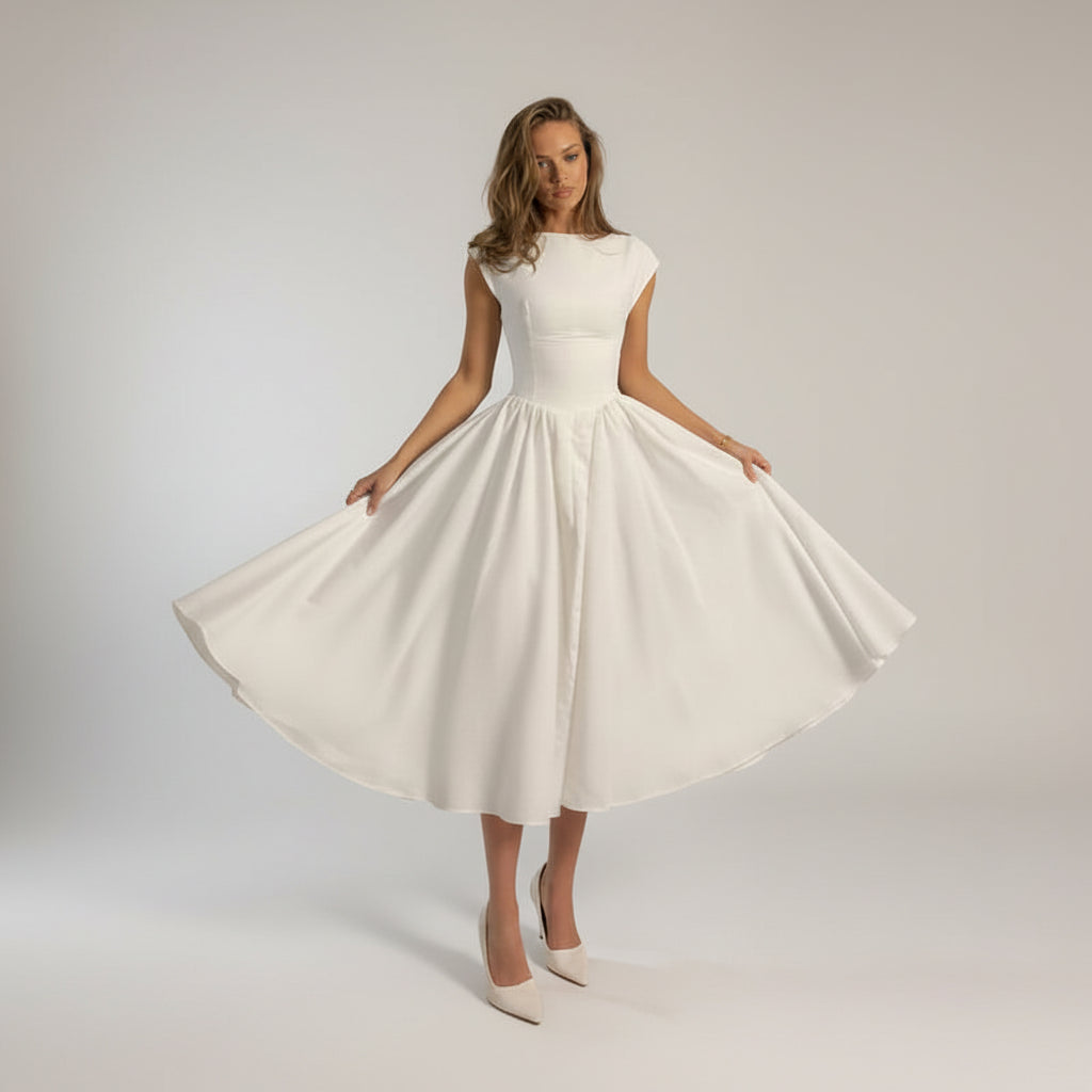 Woman in flowing A-line maxi dress with cinched waist, soft draping, full-length silhouette in natural light