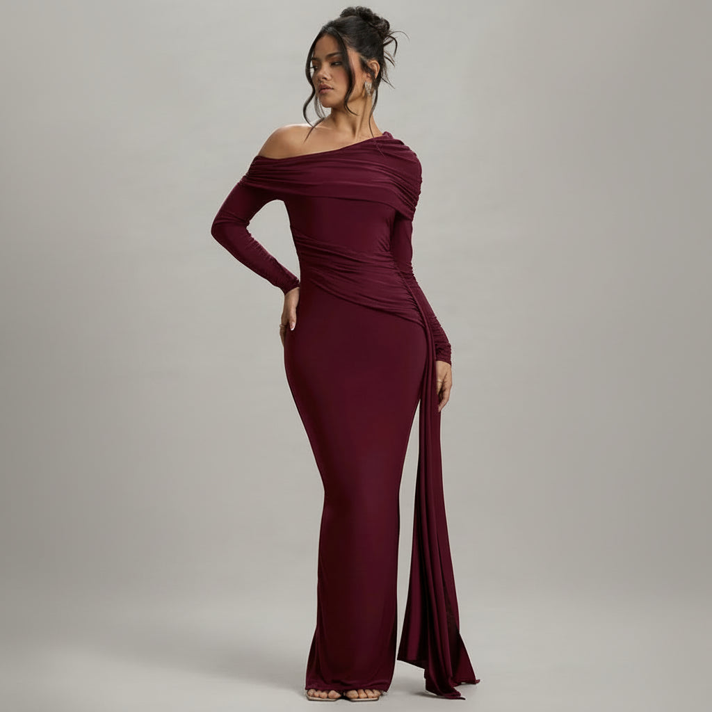 fitted lace wedding dress Alexius One Shoulder Knit Maxi Dress / Dusty Pink | Meshki main image 0