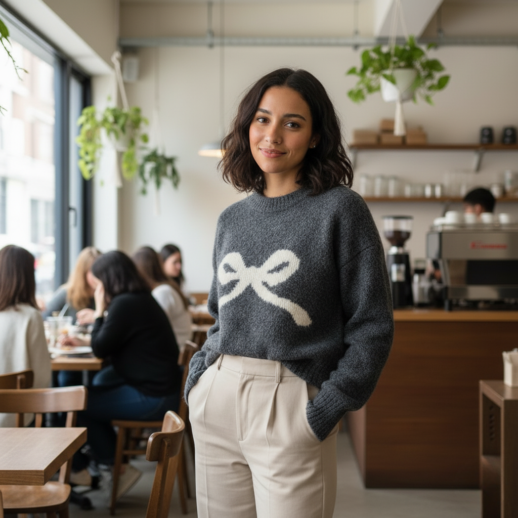 Preppy Bow Pullover Sweater in Black