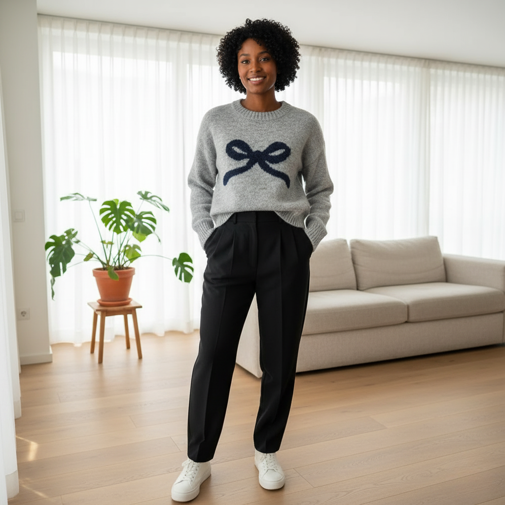 Preppy Bow Pullover Sweater in Grey