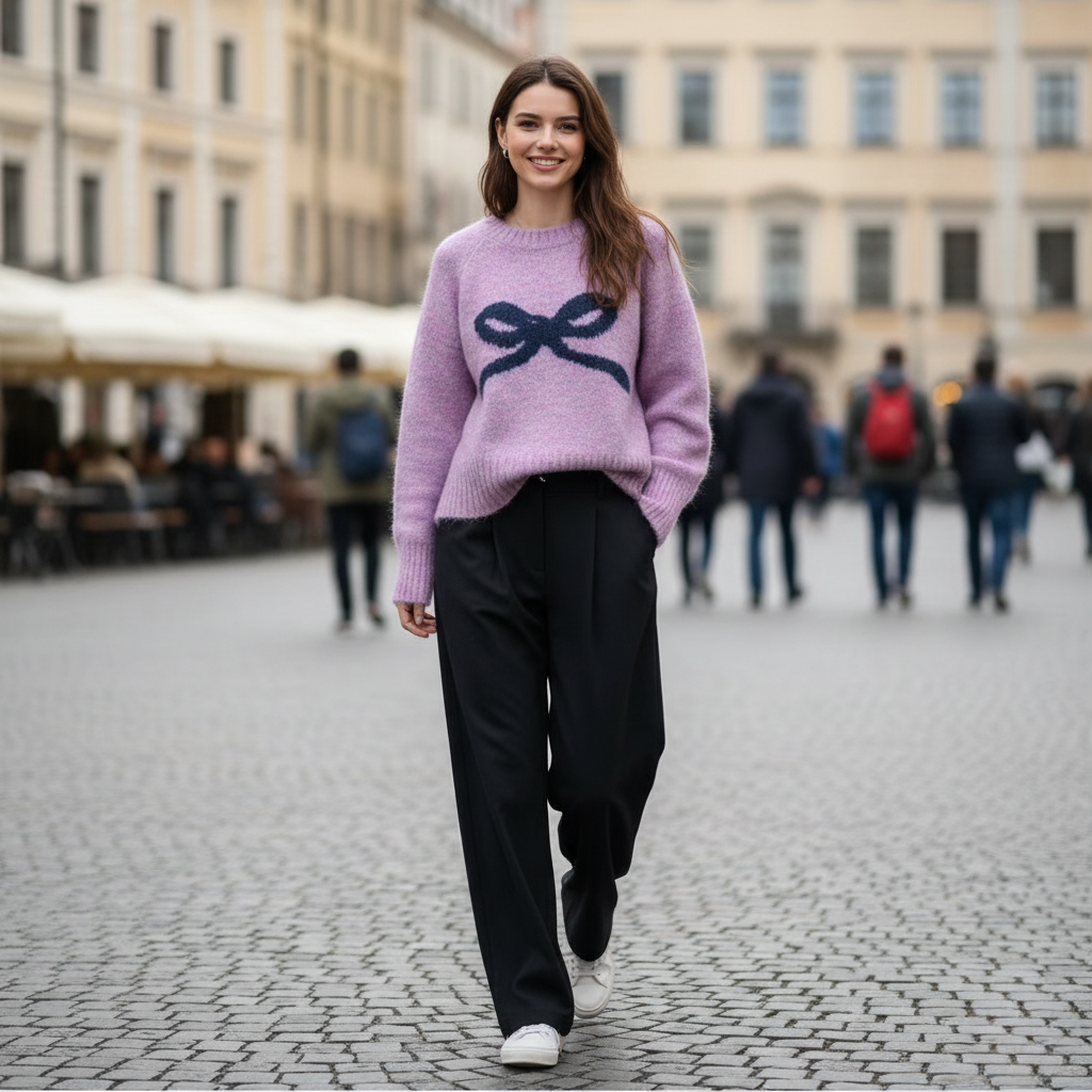 Preppy Bow Pullover Sweater in Purple 
