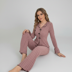 Purple Ribbed Knit Pajama Set  