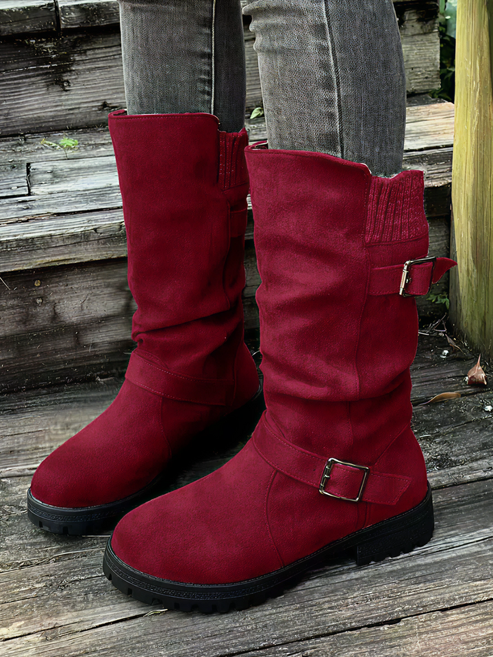Red Variant of Knit Cuff Buckle Boot