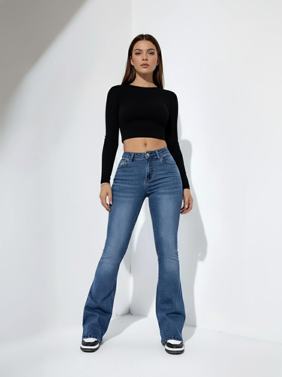 Woman wearing high-rise bell bottom jeans in dark denim with dramatic flare silhouette, full-length view