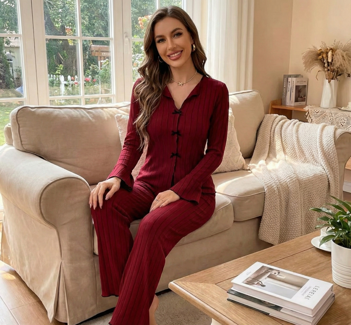 Ribbed Knit Pajama Set - Red