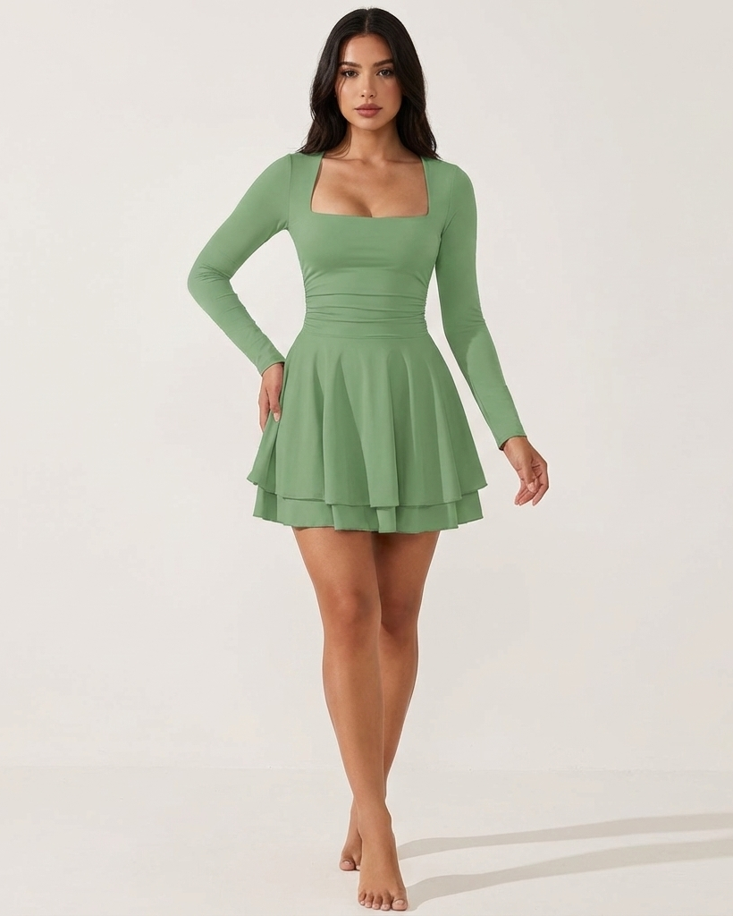 Square Neck Ruffle Mini Dress in Green
