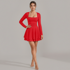 Square Neck Ruffle Mini Dress in Red