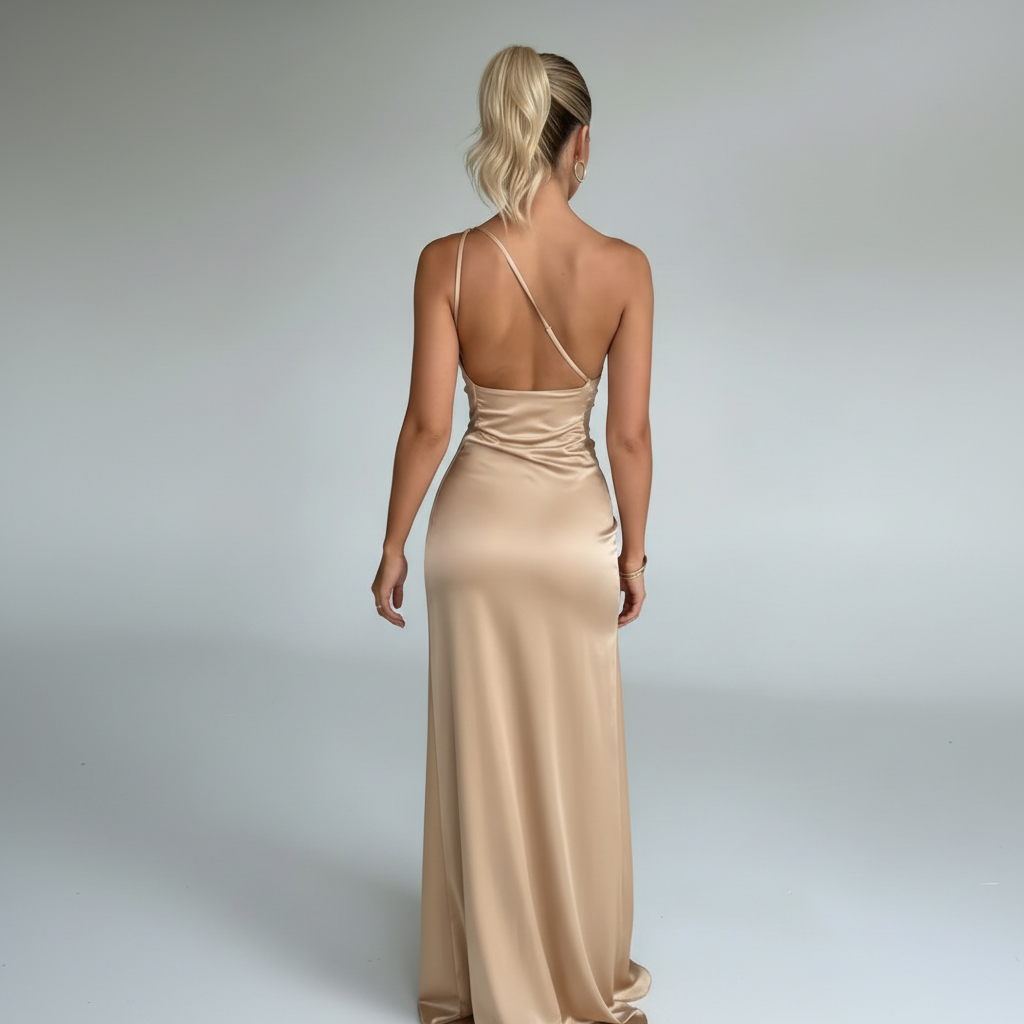 Starlight One-Shoulder Gown for Women - Champagne - Back