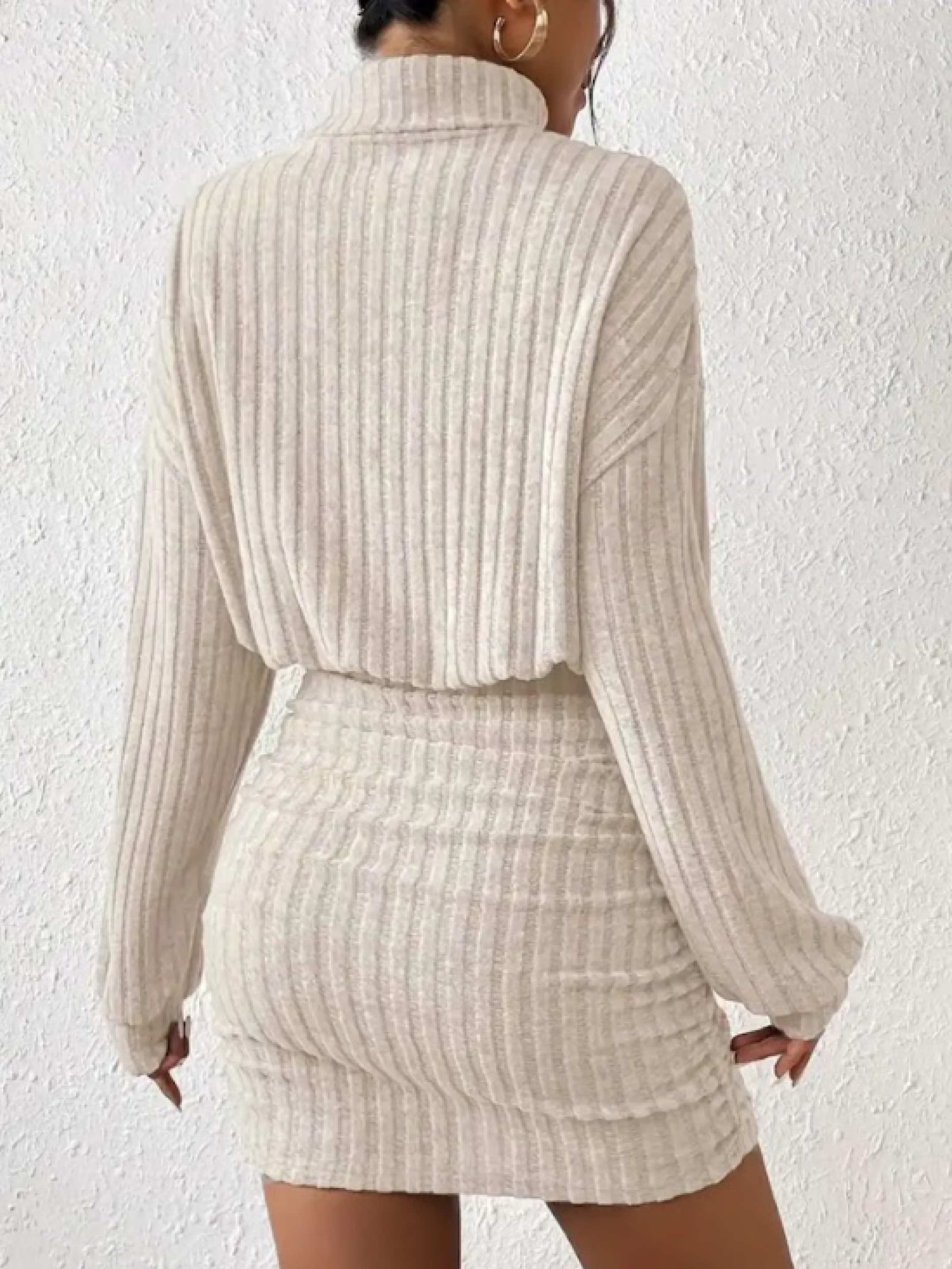 Turtleneck Long Sleeved Ribbed Dress -Light Beige - Back