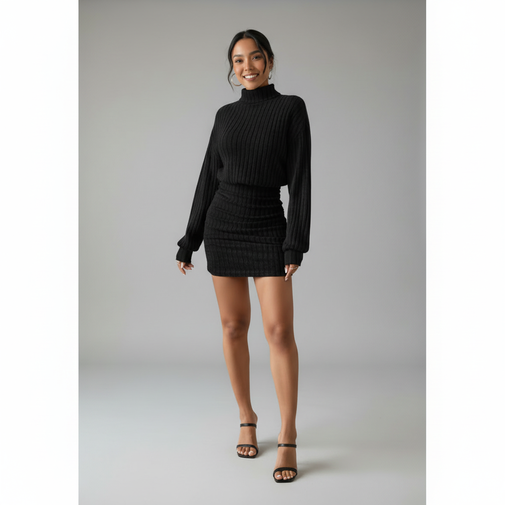 Turtleneck Long Sleeved Ribbed Dress - Mavena Co.